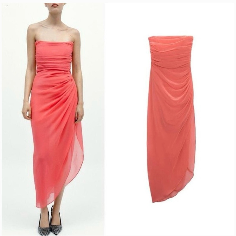 ZARA Tulle Corset Dress Strapless Draped Asymmetric Bustier Midi Maxi, Pink